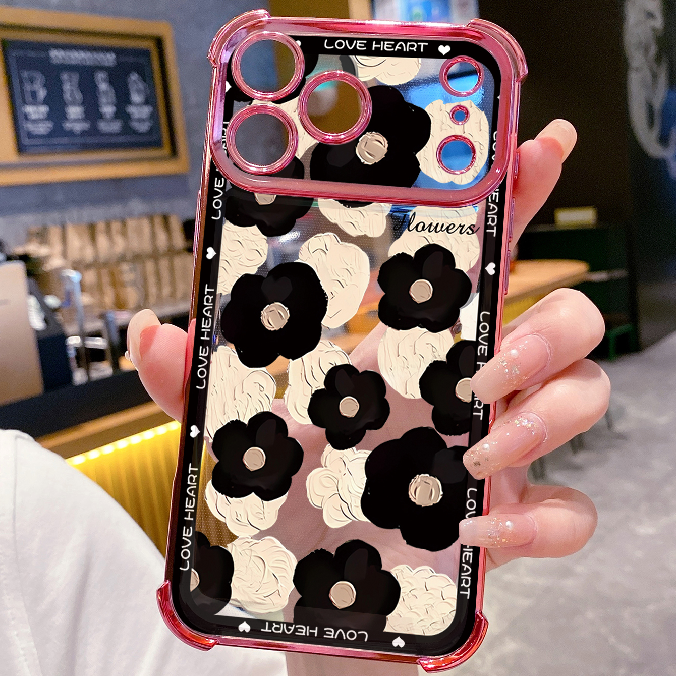for iPhone 17 Pro Max 16 15 14 Plus Plating Phone Case Shockproof Cover Heart Flowers