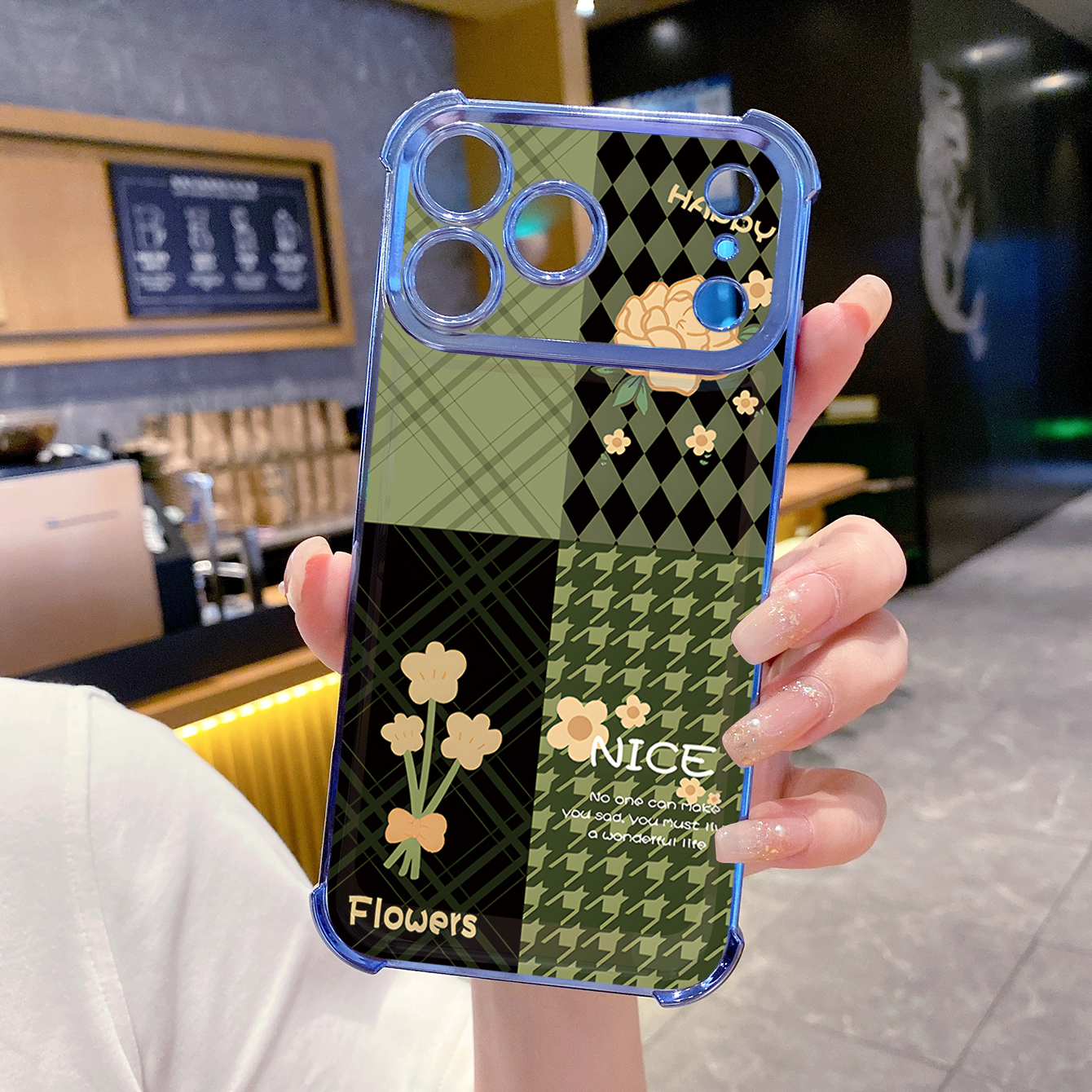 for iPhone 17 Pro Max 16 15 14 Plus Plating Phone Case Shockproof Cover Swallow Gird Army Green Flowers