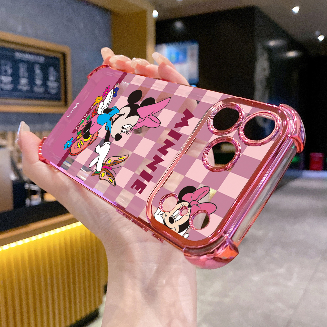 for iPhone 17 Pro Max 16 15 14 Plus Plating Phone Case Shockproof Cover Cute Plaid Mouse Couple