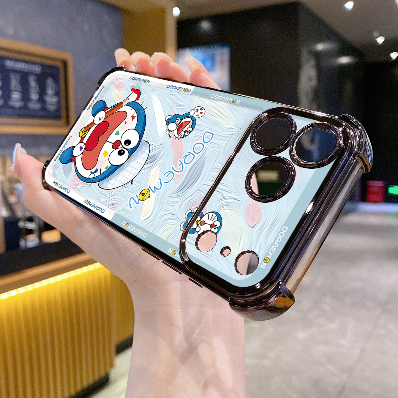 for iPhone 17 Pro Max 16 15 14 Plus Plating Phone Case Shockproof Cover Cute Doraemon