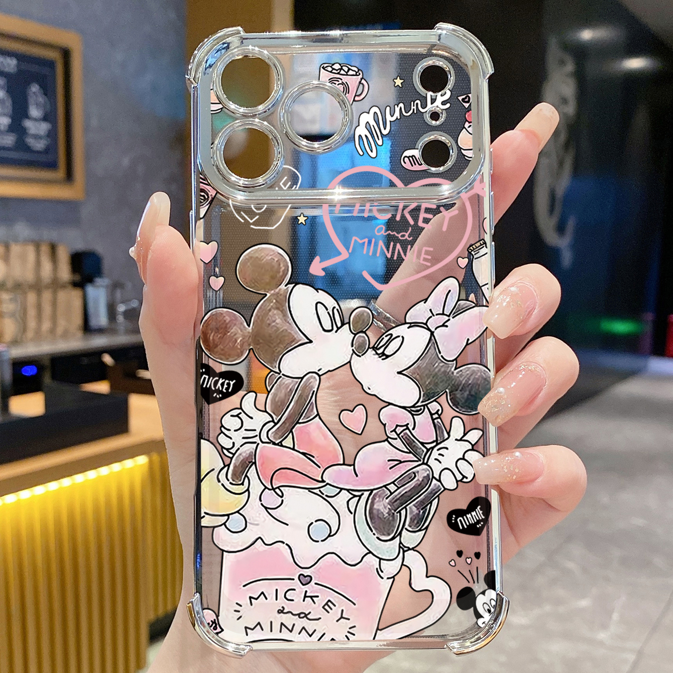 for iPhone 17 Pro Max 16 15 14 Plus Plating Phone Case Shockproof Cover Couple Kiss Drawing Painting Cute Mouse