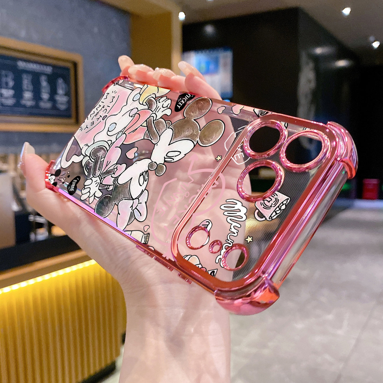for iPhone 17 Pro Max 16 15 14 Plus Plating Phone Case Shockproof Cover Couple Kiss Drawing Painting Cute Mouse