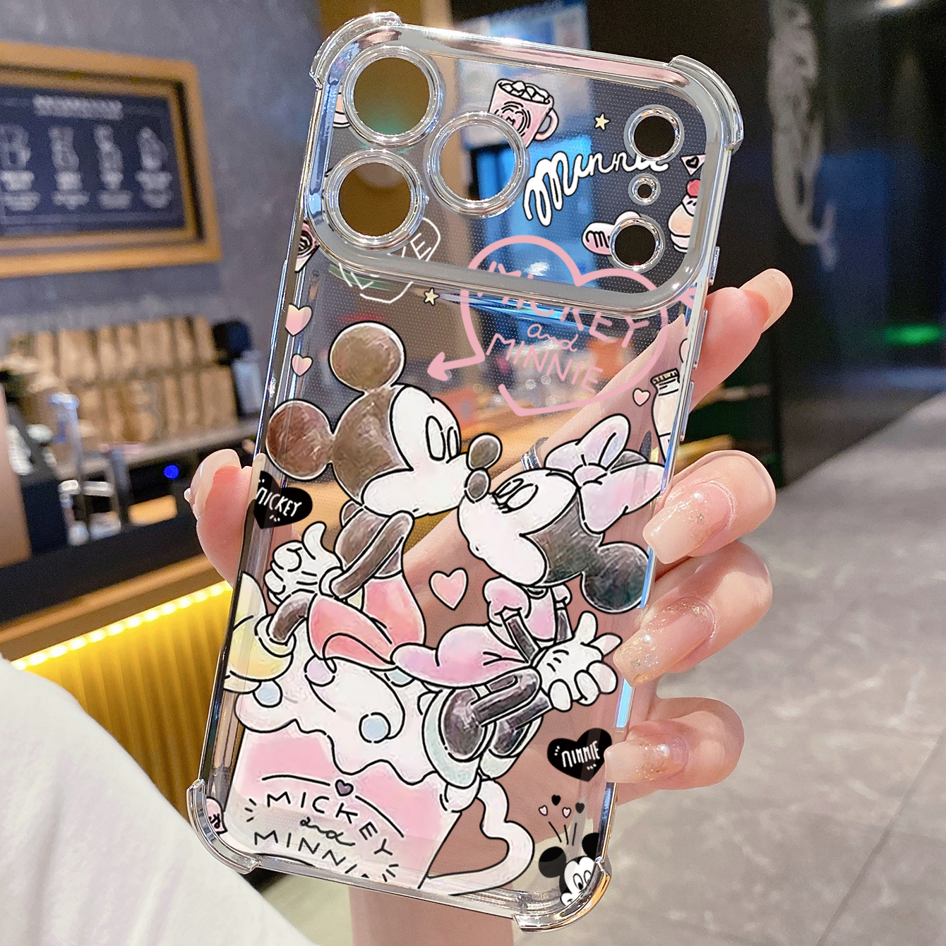 for iPhone 17 Pro Max 16 15 14 Plus Plating Phone Case Shockproof Cover Couple Kiss Drawing Painting Cute Mouse