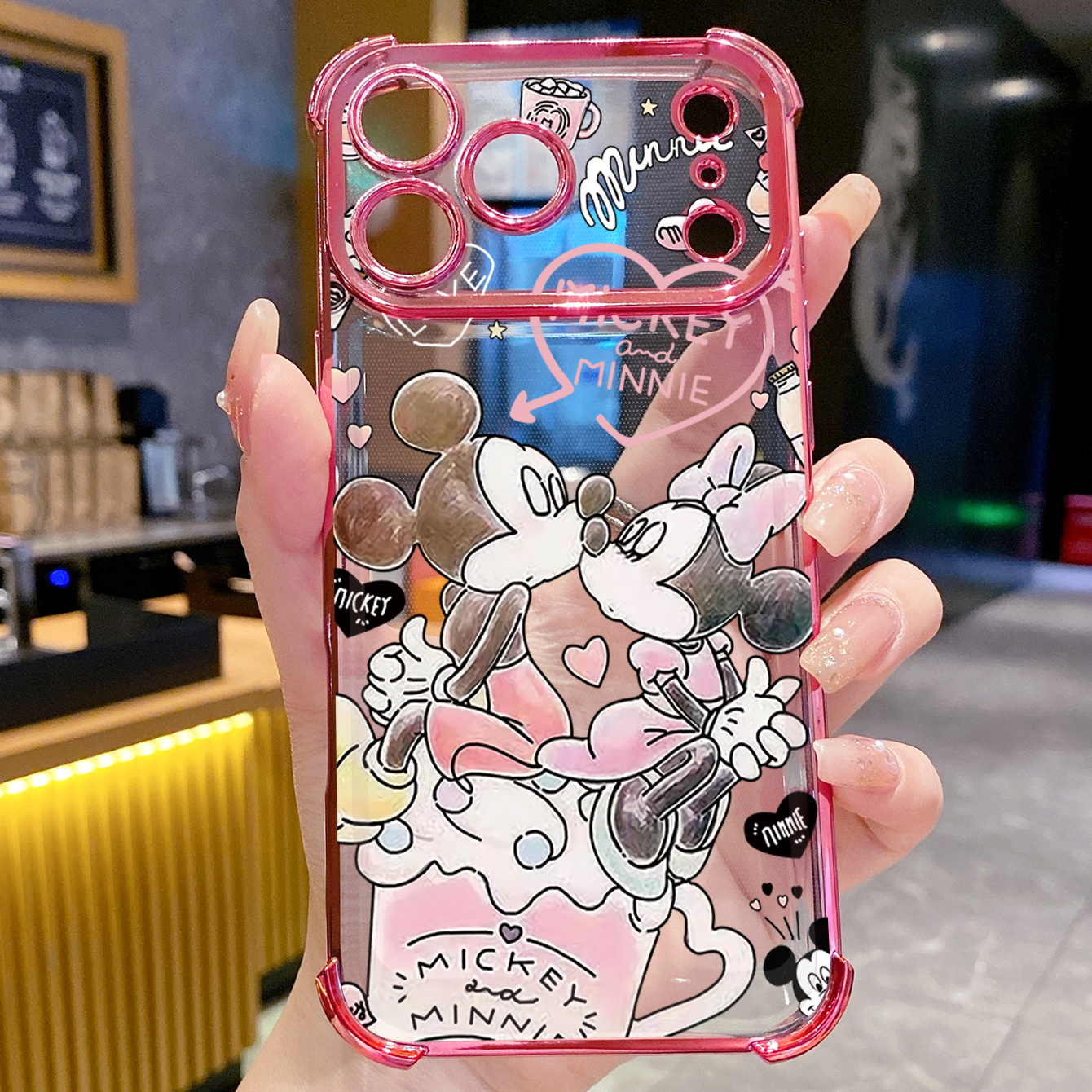 for iPhone 17 Pro Max 16 15 14 Plus Plating Phone Case Shockproof Cover Couple Kiss Drawing Painting Cute Mouse