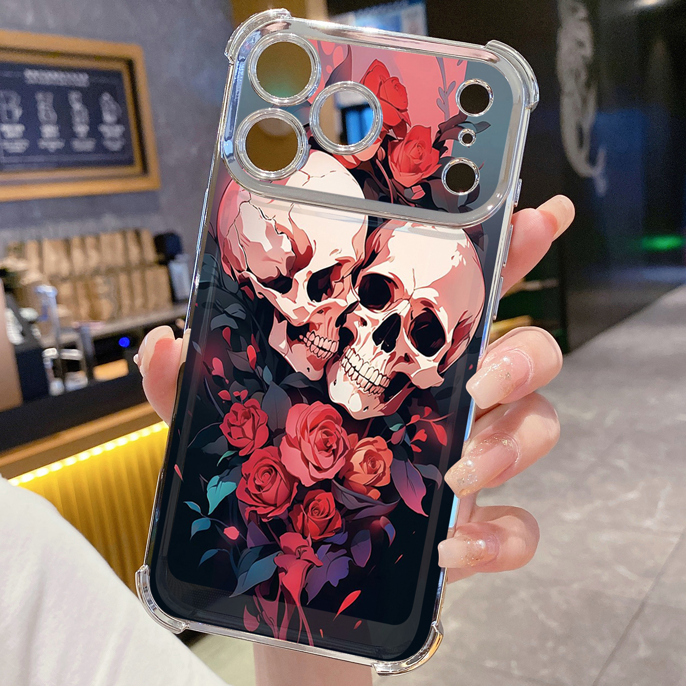 for iPhone 17 Pro Max 16 15 14 Plus Plating Phone Case Shockproof Cover Rose Skull
