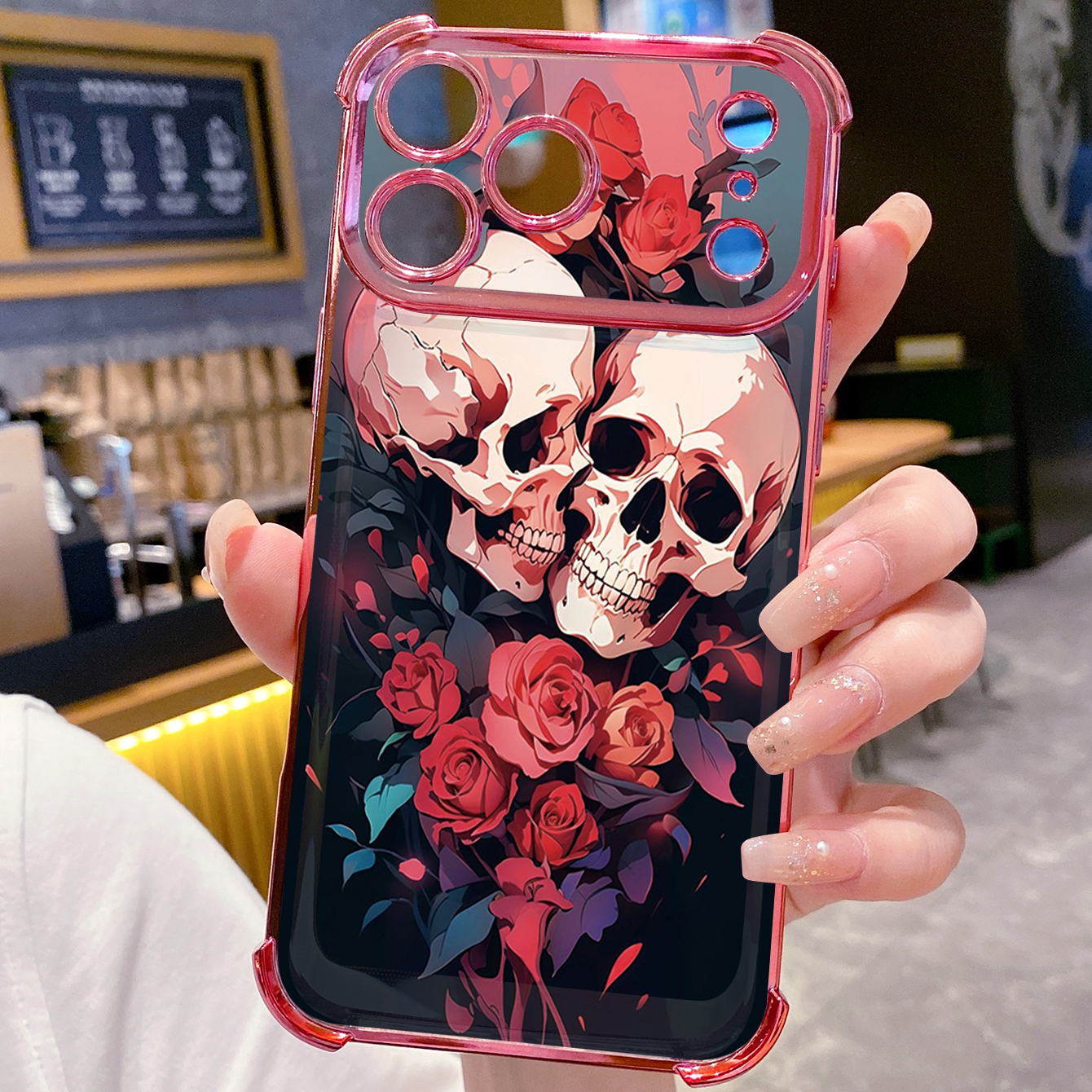 for iPhone 17 Pro Max 16 15 14 Plus Plating Phone Case Shockproof Cover Rose Skull