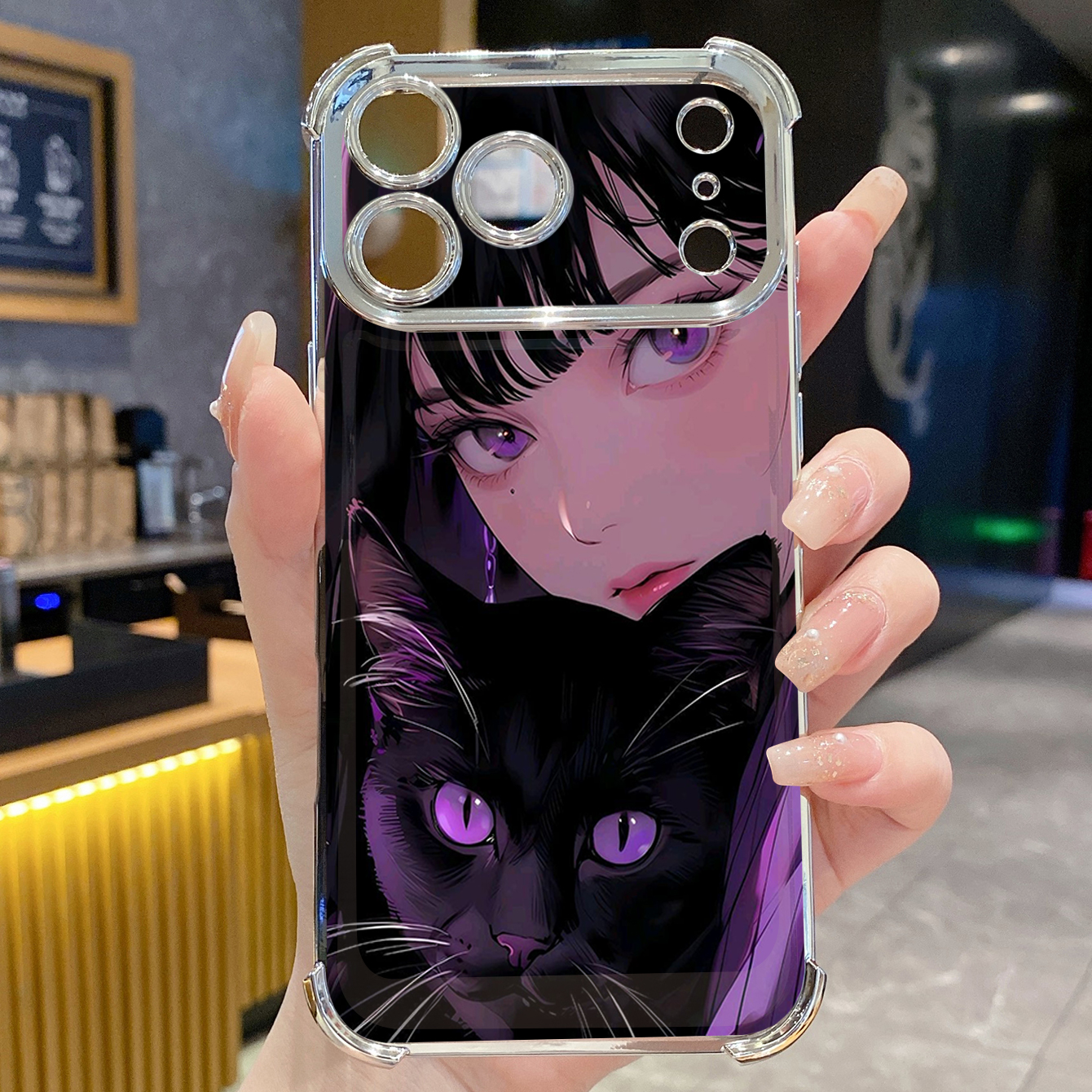 for iPhone 17 Pro Max 16 15 14 Plus Plating Phone Case Shockproof Cover Girl Black Cat