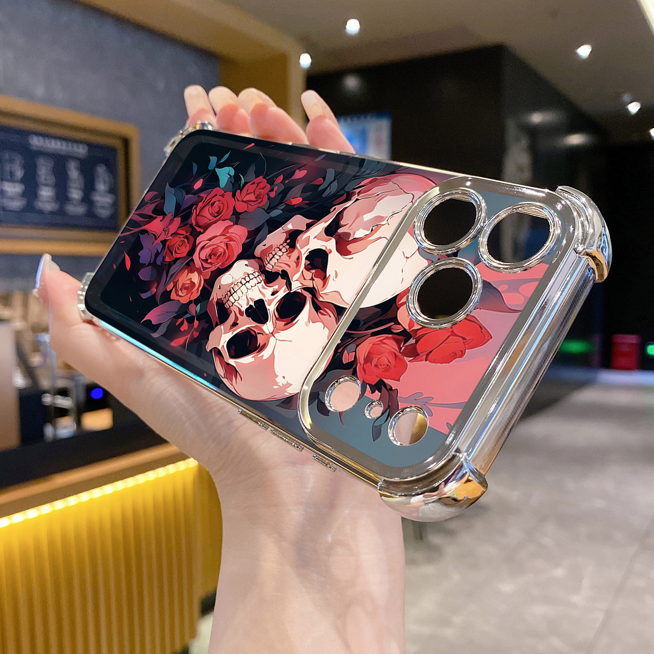 for iPhone 17 Pro Max 16 15 14 Plus Plating Phone Case Shockproof Cover Rose Skull