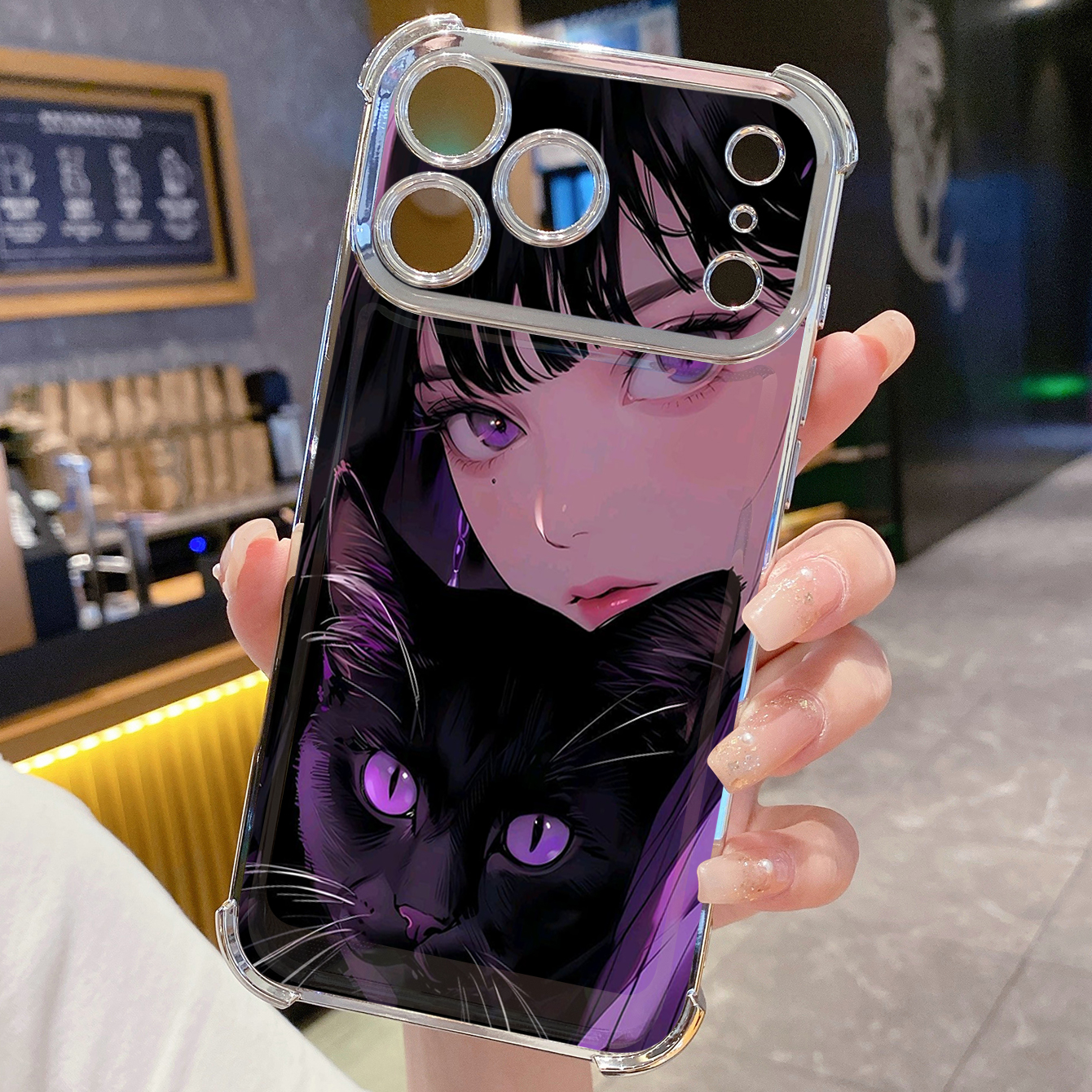 for iPhone 17 Pro Max 16 15 14 Plus Plating Phone Case Shockproof Cover Girl Black Cat