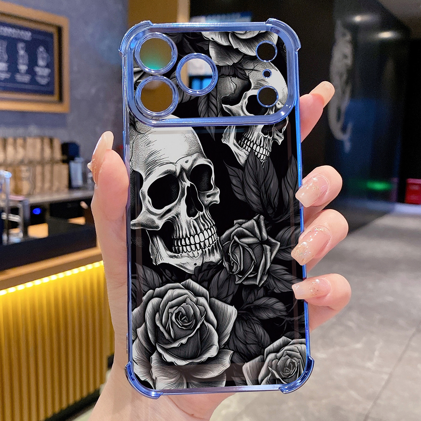 for iPhone 17 Pro Max 16 15 14 Plus Plating Phone Case Shockproof Cover Rose Skull