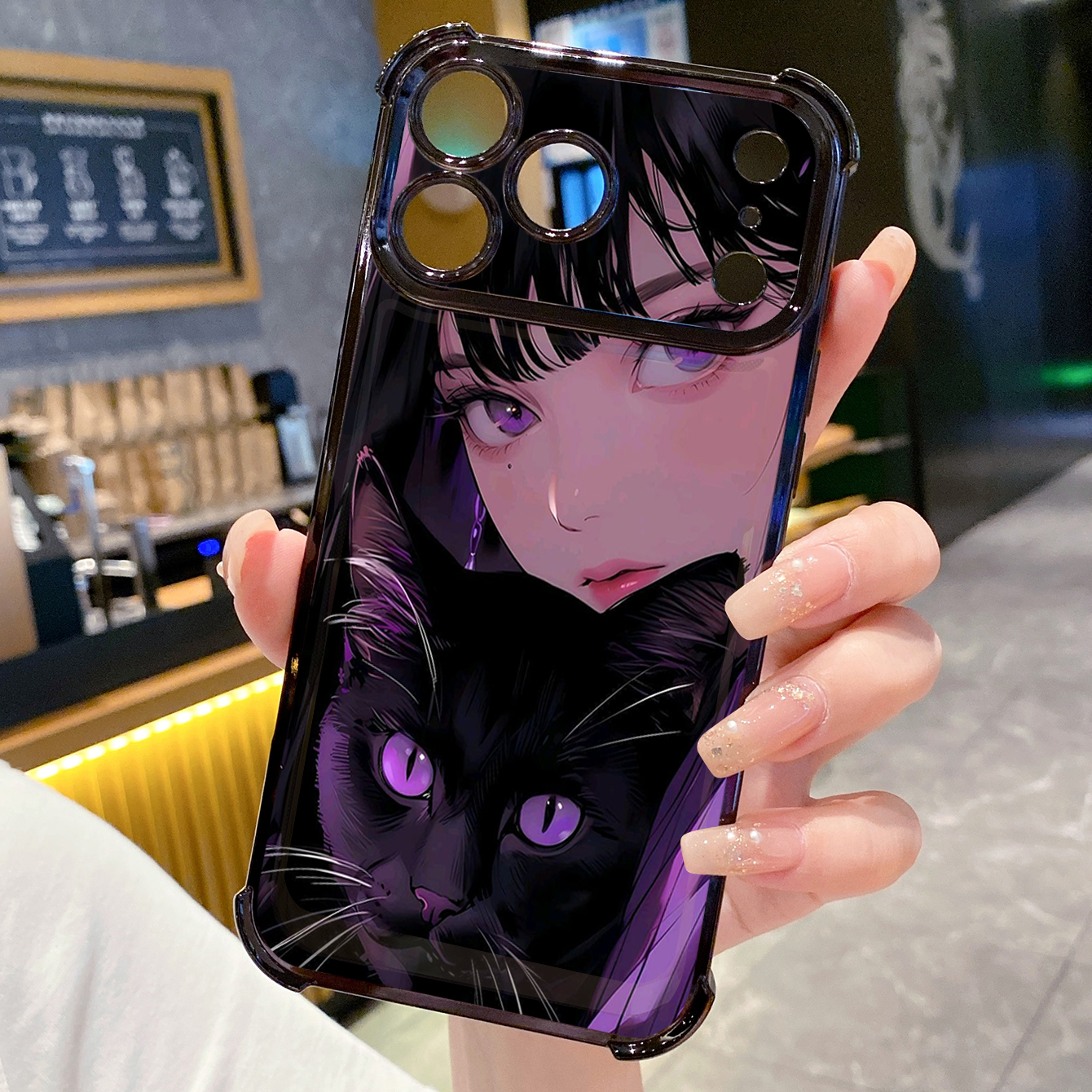 for iPhone 17 Pro Max 16 15 14 Plus Plating Phone Case Shockproof Cover Girl Black Cat