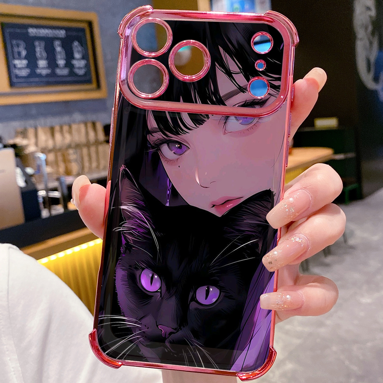 for iPhone 17 Pro Max 16 15 14 Plus Plating Phone Case Shockproof Cover Girl Black Cat