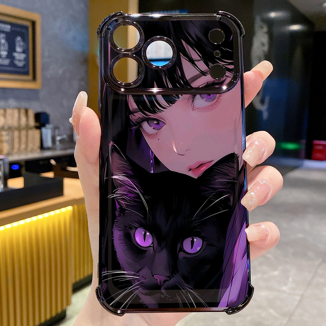 for iPhone 17 Pro Max 16 15 14 Plus Plating Phone Case Shockproof Cover Girl Black Cat