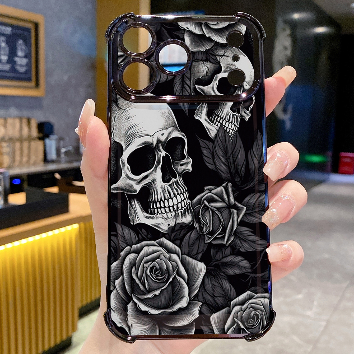 for iPhone 17 Pro Max 16 15 14 Plus Plating Phone Case Shockproof Cover Rose Skull