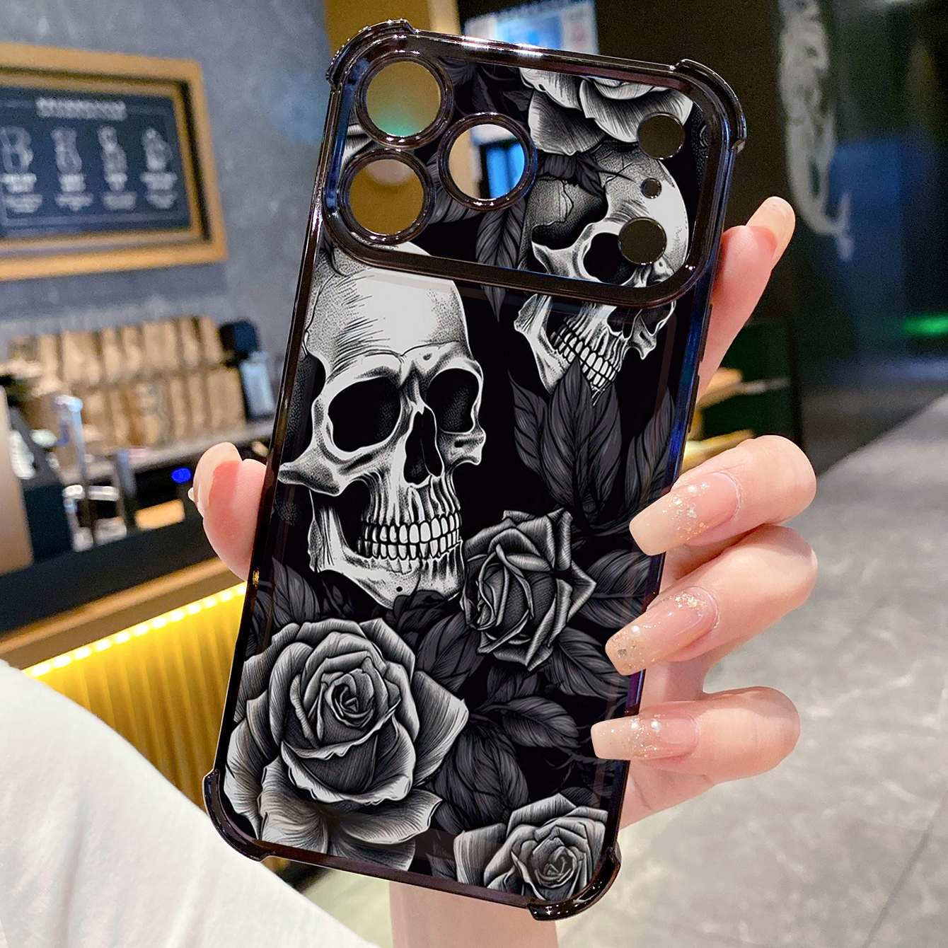for iPhone 17 Pro Max 16 15 14 Plus Plating Phone Case Shockproof Cover Rose Skull