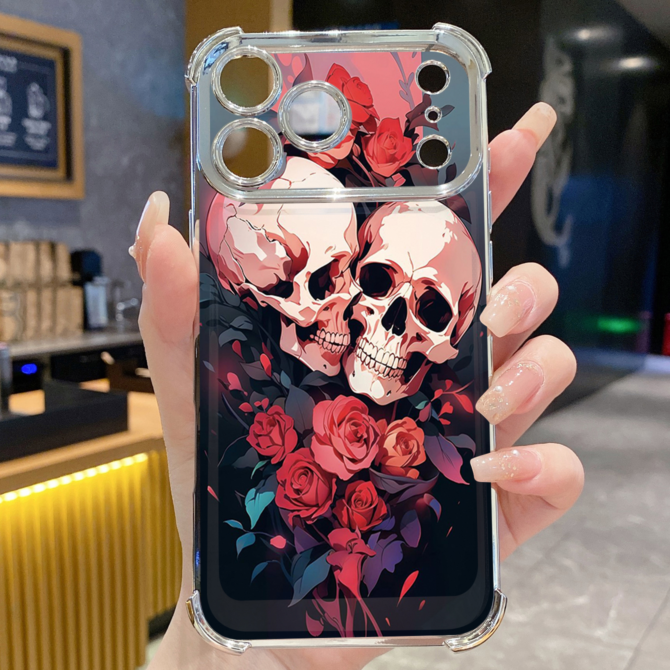 for iPhone 17 Pro Max 16 15 14 Plus Plating Phone Case Shockproof Cover Rose Skull