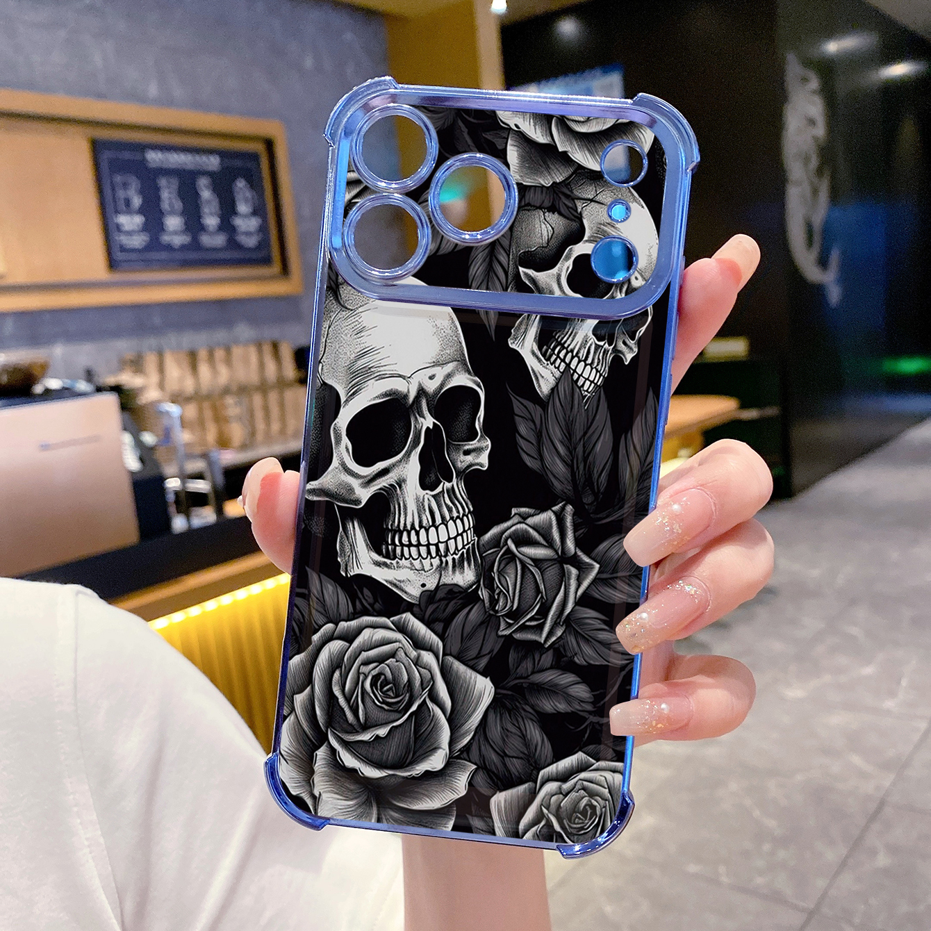 for iPhone 17 Pro Max 16 15 14 Plus Plating Phone Case Shockproof Cover Rose Skull
