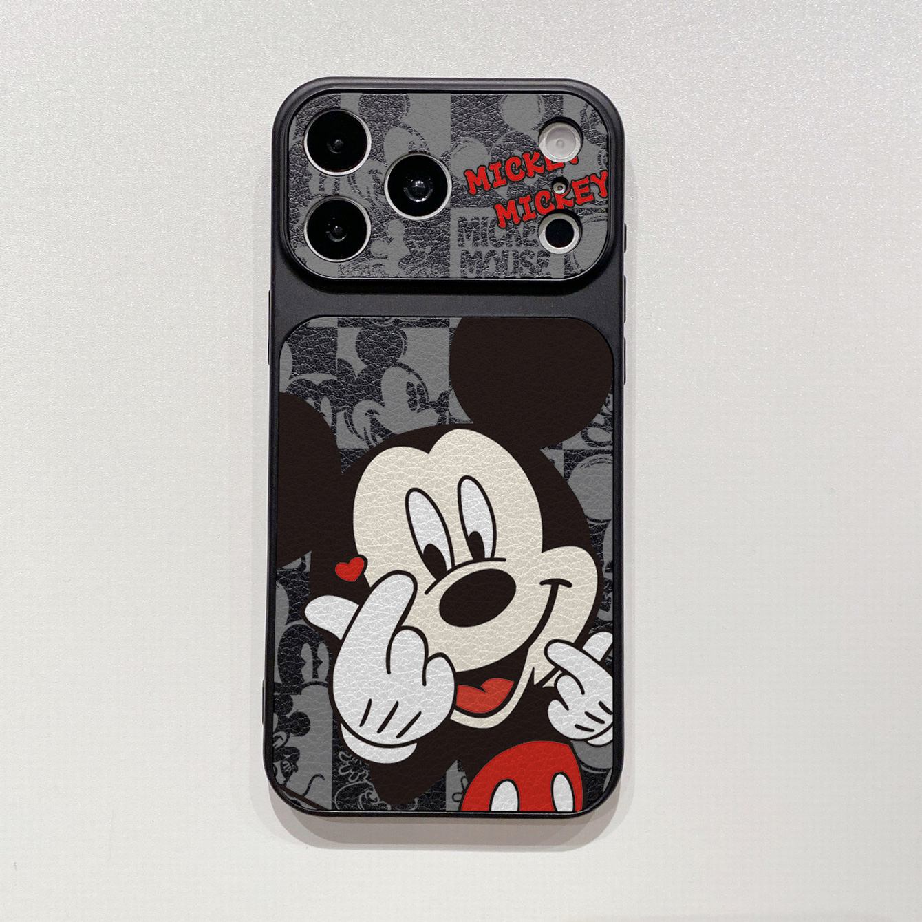 for iPhone 18 17 Pro Max 16 15 14 Plus Phone Case PU Leather Shockproof Cover Finger heart Mickey Minnie
