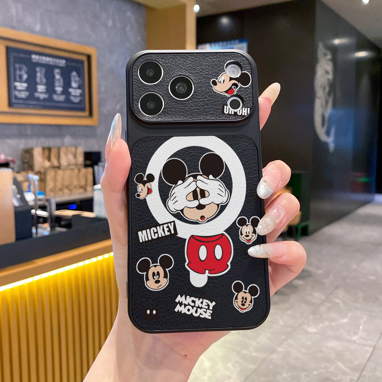 for iPhone 18 17 Pro Max 16 15 14 Plus Phone Case PU Leather Shockproof Cover Funny Mickey