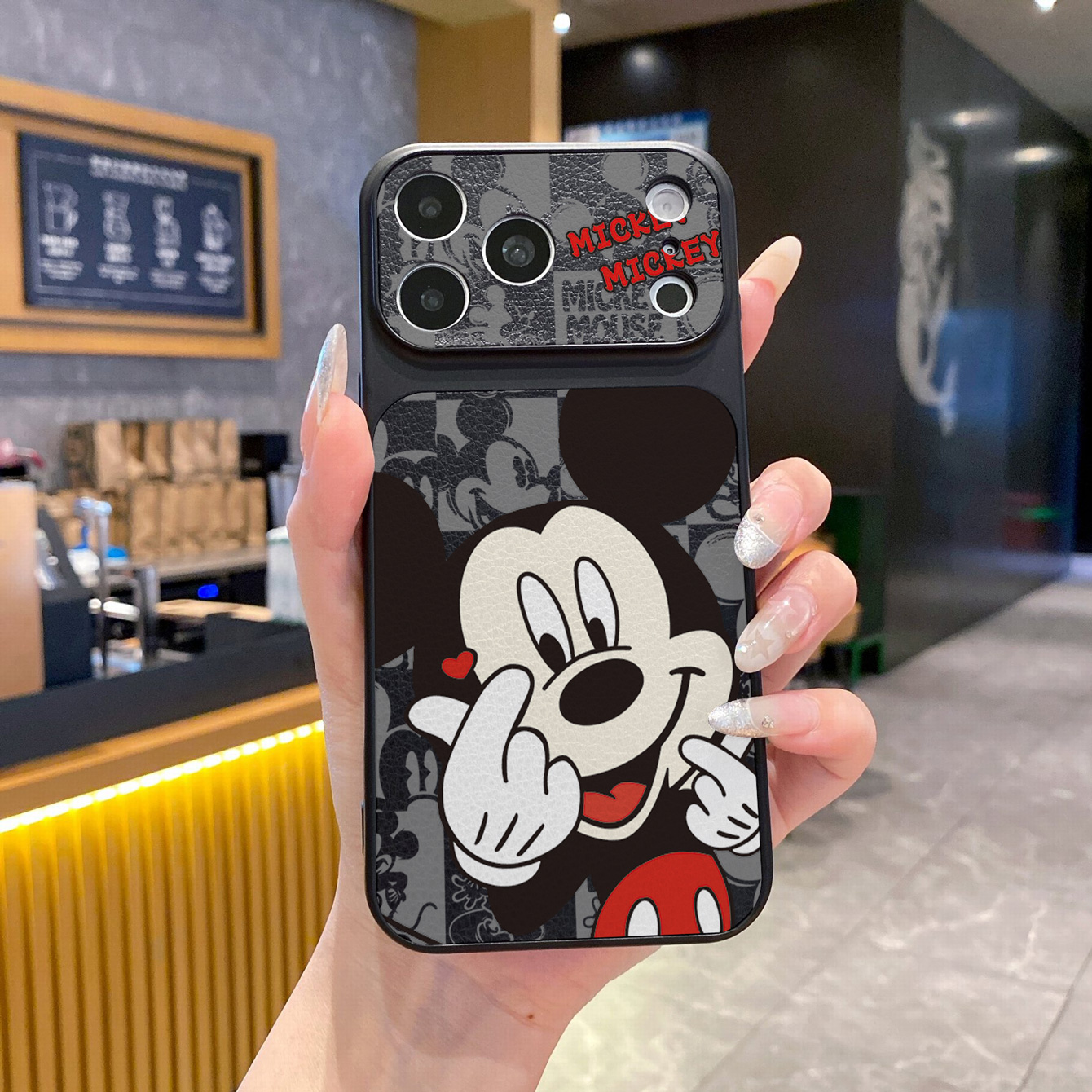 for iPhone 18 17 Pro Max 16 15 14 Plus Phone Case PU Leather Shockproof Cover Finger heart Mickey Minnie