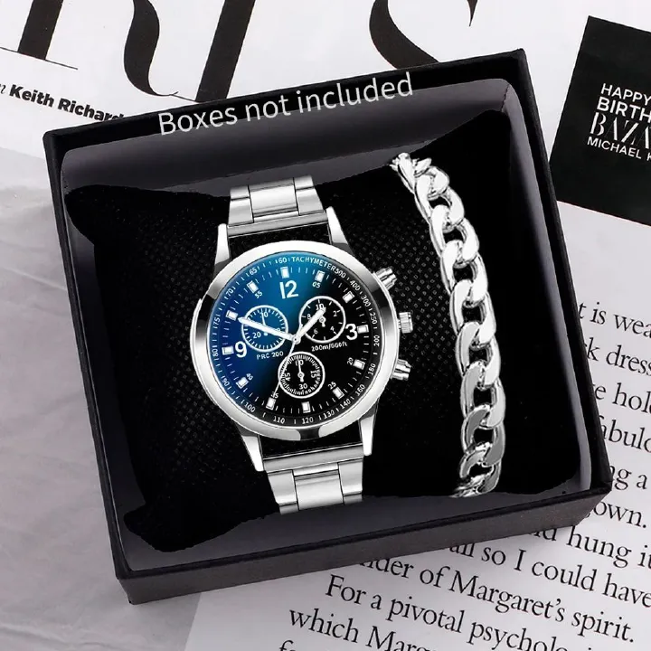 ZHJH Men's Large Dial Watch Metal Bracelet Set Men's Metal Strap Wristwatch Men's Quartz Watch Silver Watch Set