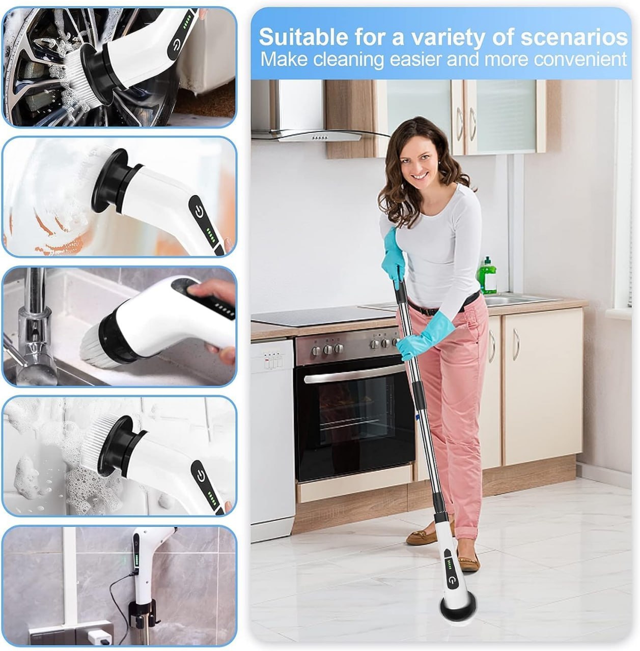 Electric Cleaning Brush Scrubber, Electric Spin Scrubber 9 Replaceable Brush Heads and Adjustable Long Handle, Cordless & Portable Power Scrubber for Cleaning Bathroom, Tile, Sink, Kitchen, Floor, Car