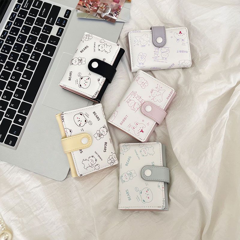 Women Short Wallet Cute Bear PU Leather Small Wallet Female Card Holder Mini Wallet Lady White Wallet Clutch Bag Wallet Girl Wallet Gift Wallet Daily Use Travel Party