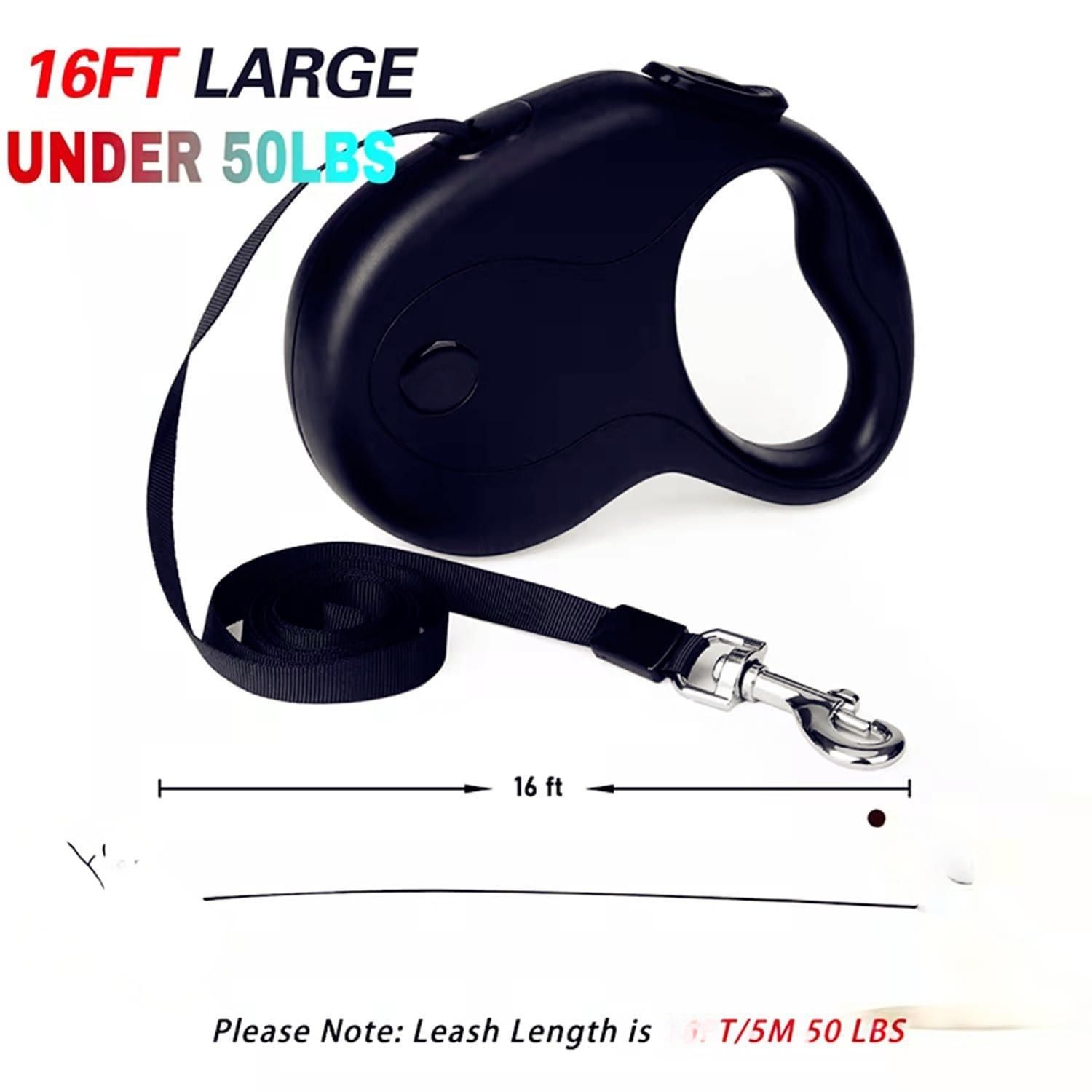 16Ft Retractable Dog Leash,Light Weight Leash for Small to Medium Dogs/Cats Up to 50lbs,Stainless Steel Spring Strong Nylon Tape, Tangle Free, One-Handed Brake.(Black)