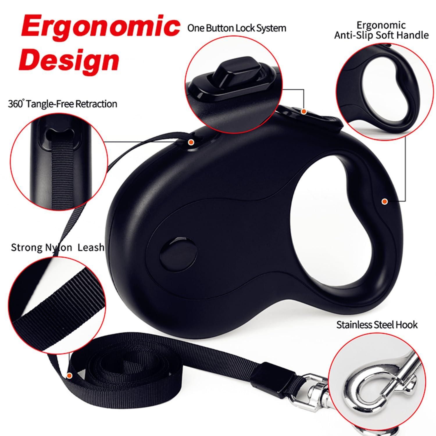 16Ft Retractable Dog Leash,Light Weight Leash for Small to Medium Dogs/Cats Up to 50lbs,Stainless Steel Spring Strong Nylon Tape, Tangle Free, One-Handed Brake.(Black)