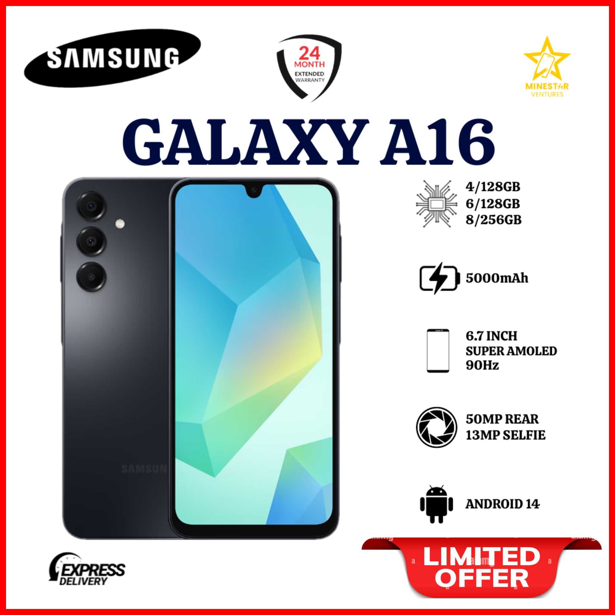 LIMITED DEALS!! ABRAND NEW  Samsung Galaxy A16 128GB+4GB 6.7" Super AMOLED D 50MP Triple Camera Android 14 Mediatek Helio G99 5000mAh 25W Type-C Charge Smart Phones samsung A16  A16 samsung+FREE GIFTS