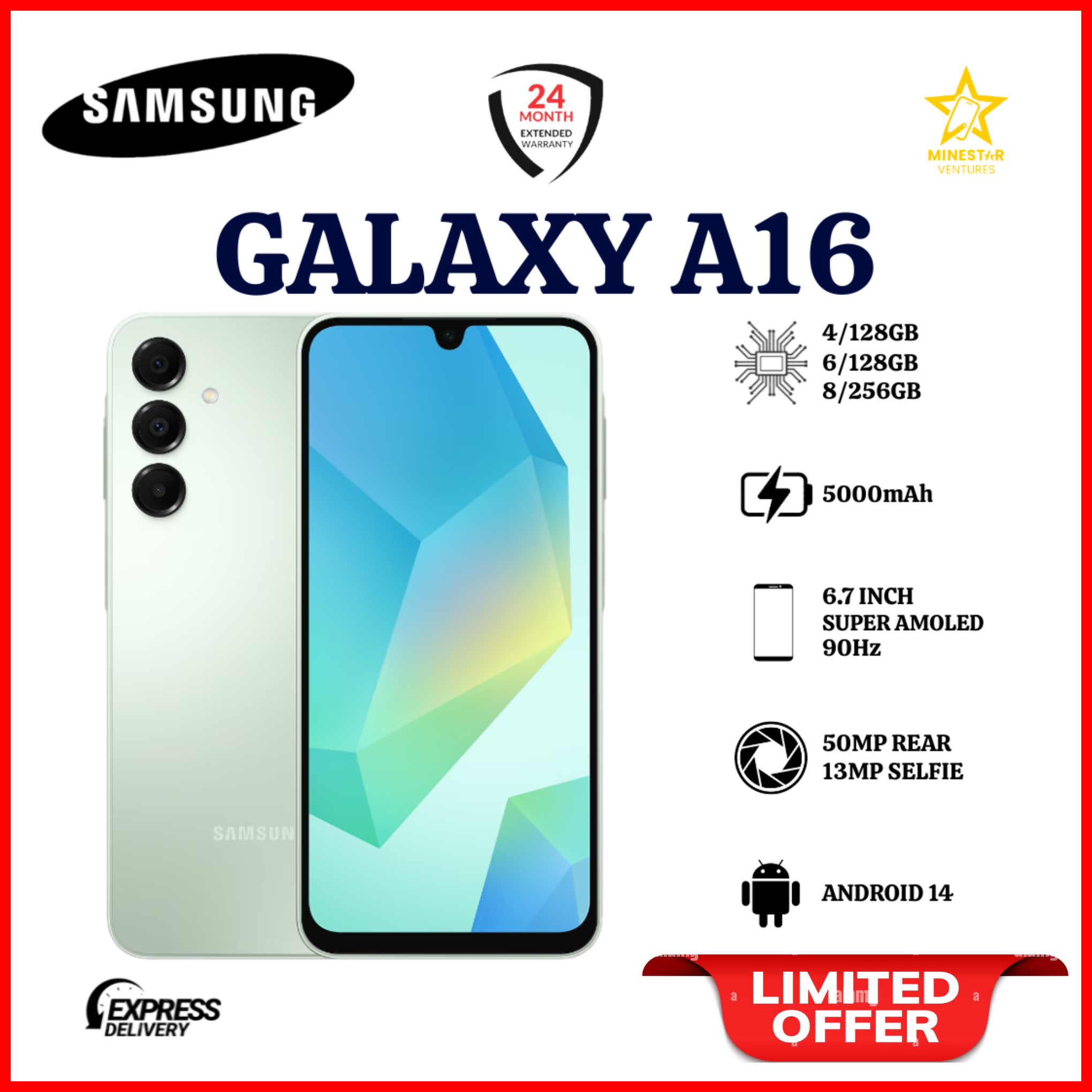LIMITED DEALS!! ABRAND NEW  Samsung Galaxy A16 128GB+4GB 6.7" Super AMOLED D 50MP Triple Camera Android 14 Mediatek Helio G99 5000mAh 25W Type-C Charge Smart Phones samsung A16  A16 samsung+FREE GIFTS