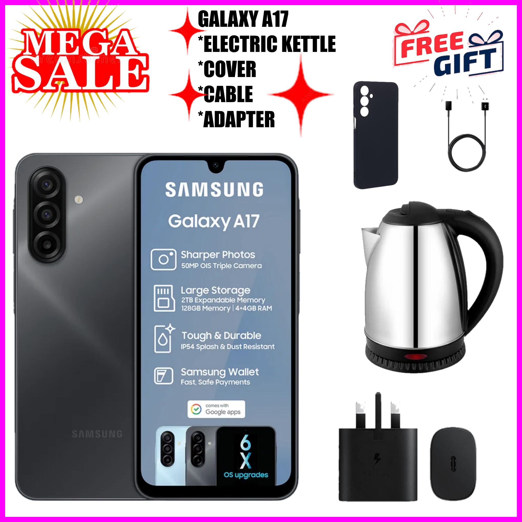 VALUE DEALS!! Samsung Galaxy A17 128GB/256GB+4GB/6GB/8GB 6.7" Super AMOLED Display  50MP Triple Camera Android 15  5000mAh Samsung A17, A17 Samsung Smart Phones phone+ ALL THE DISPLAYED GIFTS