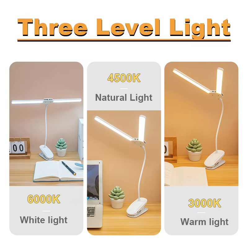 Double Head LED Reading Table Lamp Eye Protection Lights 3 Color Modes USB Rechargeable 360° Rotate Touch Control Home Office