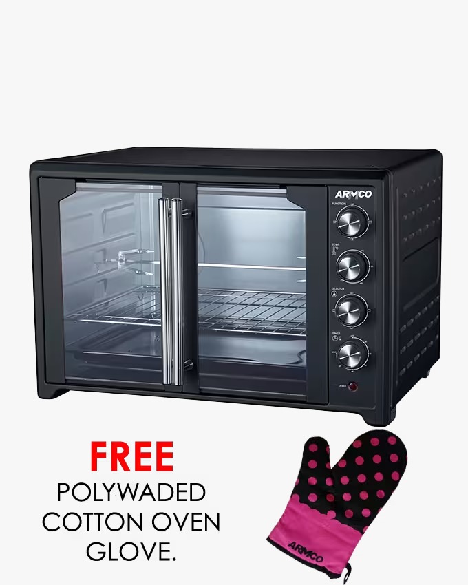 ARMCO  75L Full Convection Electric Oven, French Door 2800W, 60 Min Timer with Alarm, Variable Temperature control 100-250?C, Full Chicken Rotisserie, Wire Rack, Bake Tray, Black and