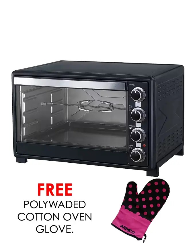 ARMCO  60L Full Convection Electric Oven, 1600W, 60 Min Timer with Alarm, Variable Temperature control 100-250?C, Full Chicken Rotisserie, Wire Rack, Bake Tray, Black and Stainless St