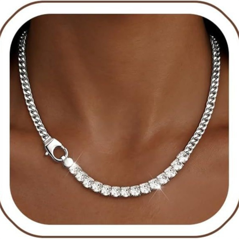Titanium Steel Two Tone Cuban Link Zircon Tennis Chain Necklace Minimalist Luxury Personality Couple Clavicle Chain Trendy Men Women Daily Street Fashion Jewelry Accessory