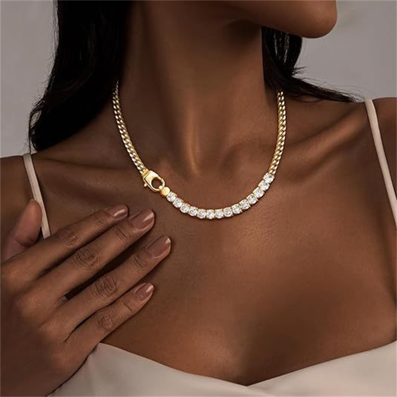 Titanium Steel Two Tone Cuban Link Zircon Tennis Chain Necklace Minimalist Luxury Personality Couple Clavicle Chain Trendy Men Women Daily Street Fashion Jewelry Accessory