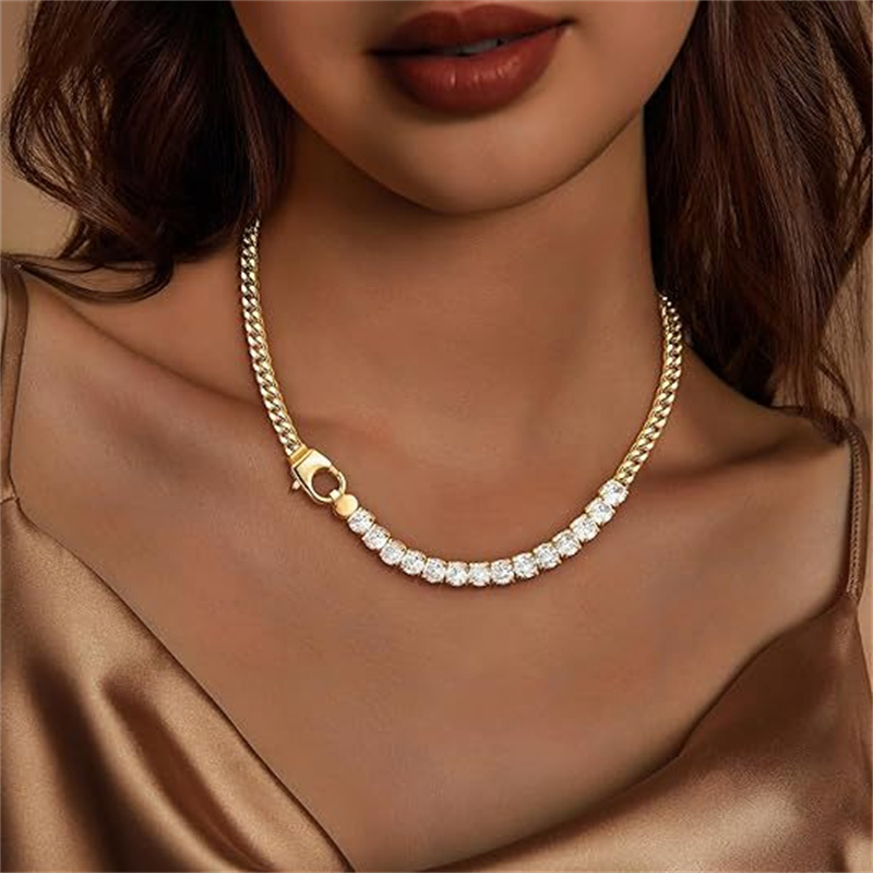 Titanium Steel Two Tone Cuban Link Zircon Tennis Chain Necklace Minimalist Luxury Personality Couple Clavicle Chain Trendy Men Women Daily Street Fashion Jewelry Accessory