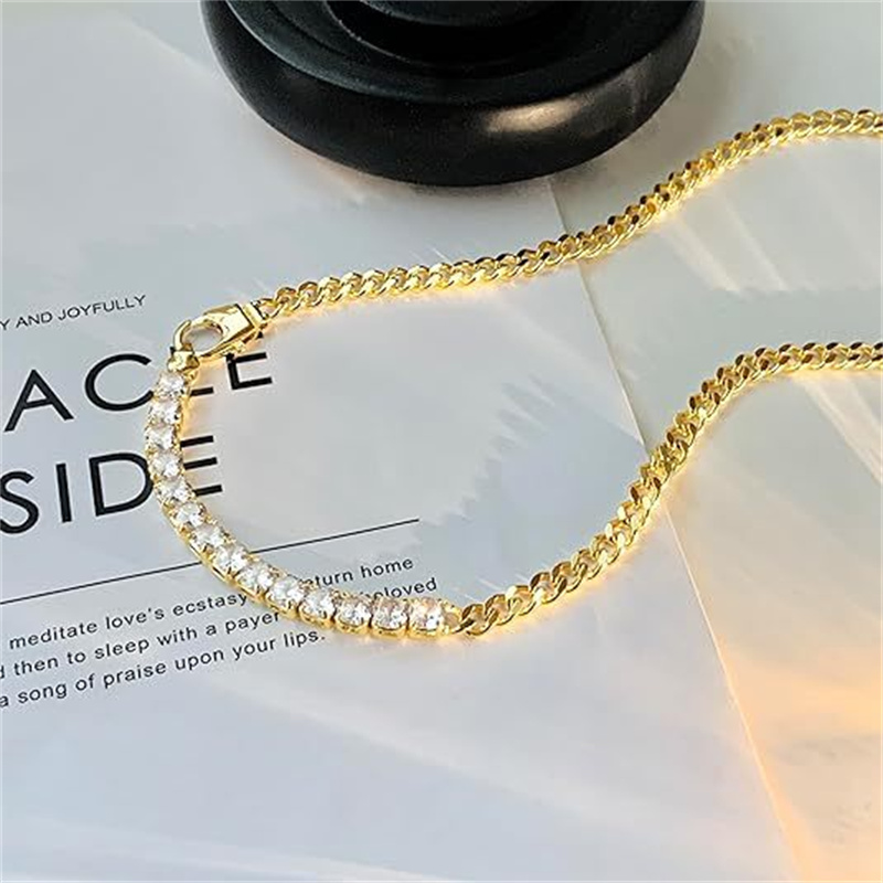 Titanium Steel Two Tone Cuban Link Zircon Tennis Chain Necklace Minimalist Luxury Personality Couple Clavicle Chain Trendy Men Women Daily Street Fashion Jewelry Accessory