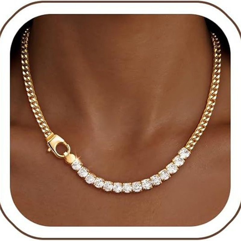 Titanium Steel Two Tone Cuban Link Zircon Tennis Chain Necklace Minimalist Luxury Personality Couple Clavicle Chain Trendy Men Women Daily Street Fashion Jewelry Accessory