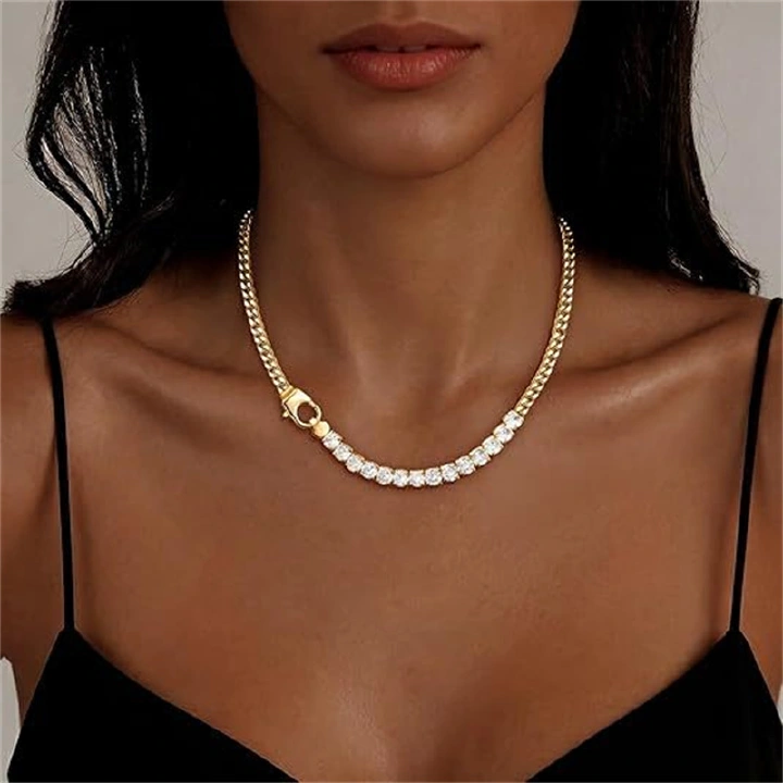 Titanium Steel Two Tone Cuban Link Zircon Tennis Chain Necklace Minimalist Luxury Personality Couple Clavicle Chain Trendy Men Women Daily Street Fashion Jewelry Accessory