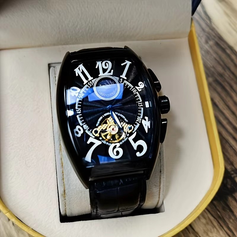 Luxury Men's Automatic Tourbillon Mechanical Watch Barrel Shape Gold Tone Case Skeleton Dial Moon Phase Display Genuine Leather Strap Waterproof Business Wristwatch Multiple Colors