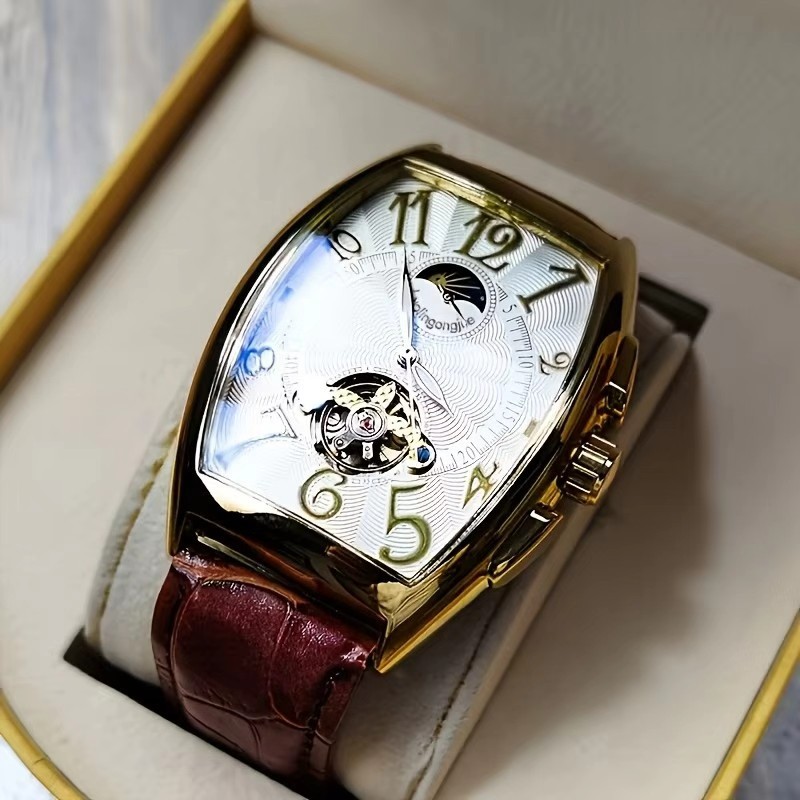 Luxury Men's Automatic Tourbillon Mechanical Watch Barrel Shape Gold Tone Case Skeleton Dial Moon Phase Display Genuine Leather Strap Waterproof Business Wristwatch Multiple Colors
