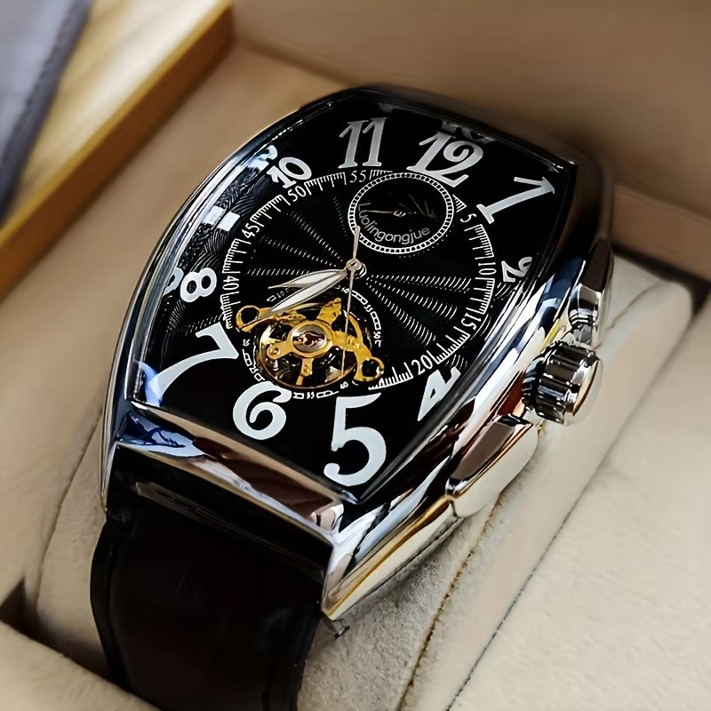 Luxury Men's Automatic Tourbillon Mechanical Watch Barrel Shape Gold Tone Case Skeleton Dial Moon Phase Display Genuine Leather Strap Waterproof Business Wristwatch Multiple Colors