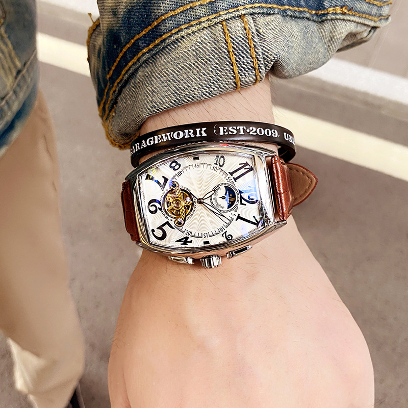 Luxury Men's Automatic Tourbillon Mechanical Watch Barrel Shape Gold Tone Case Skeleton Dial Moon Phase Display Genuine Leather Strap Waterproof Business Wristwatch Multiple Colors