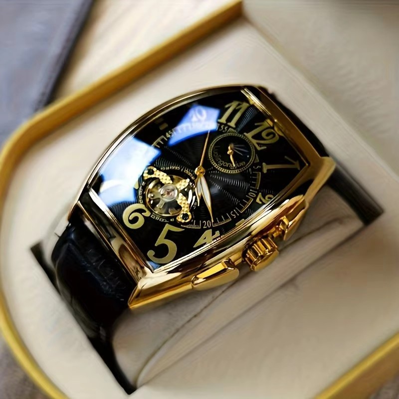 Luxury Men's Automatic Tourbillon Mechanical Watch Barrel Shape Gold Tone Case Skeleton Dial Moon Phase Display Genuine Leather Strap Waterproof Business Wristwatch Multiple Colors