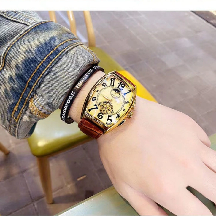 Luxury Men's Automatic Tourbillon Mechanical Watch Barrel Shape Gold Tone Case Skeleton Dial Moon Phase Display Genuine Leather Strap Waterproof Business Wristwatch Multiple Colors