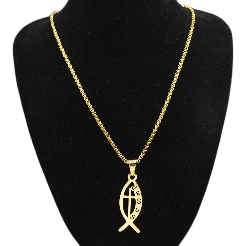 New Arrival Fashion Men's Gold Plated Stainless Steel Necklace Simple Fish Cross Pendant Delicate Personalized Statement Jewelry Accessory for Men