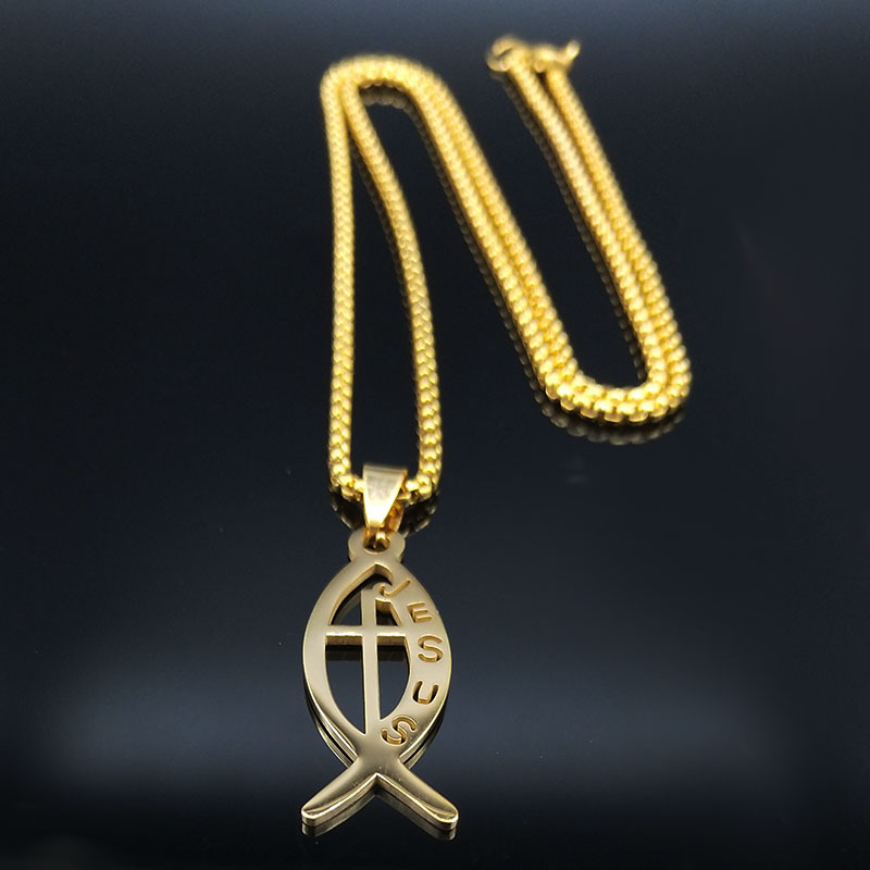 New Arrival Fashion Men's Gold Plated Stainless Steel Necklace Simple Fish Cross Pendant Delicate Personalized Statement Jewelry Accessory for Men