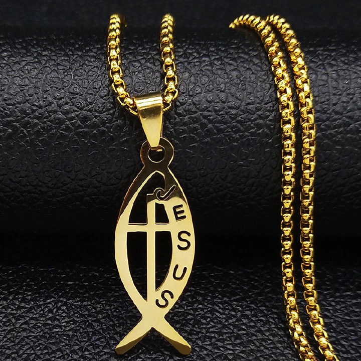 New Arrival Fashion Men's Gold Plated Stainless Steel Necklace Simple Fish Cross Pendant Delicate Personalized Statement Jewelry Accessory for Men